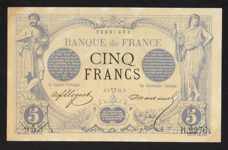 World Banknotes - France - 5 Francs 4.4.1873 - Zodiac sign (P. 60) - yellowed pa...