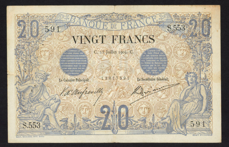 World Banknotes - France - 20 Francs 15.7.1904 Mercury seated at left (P. 61) - ...