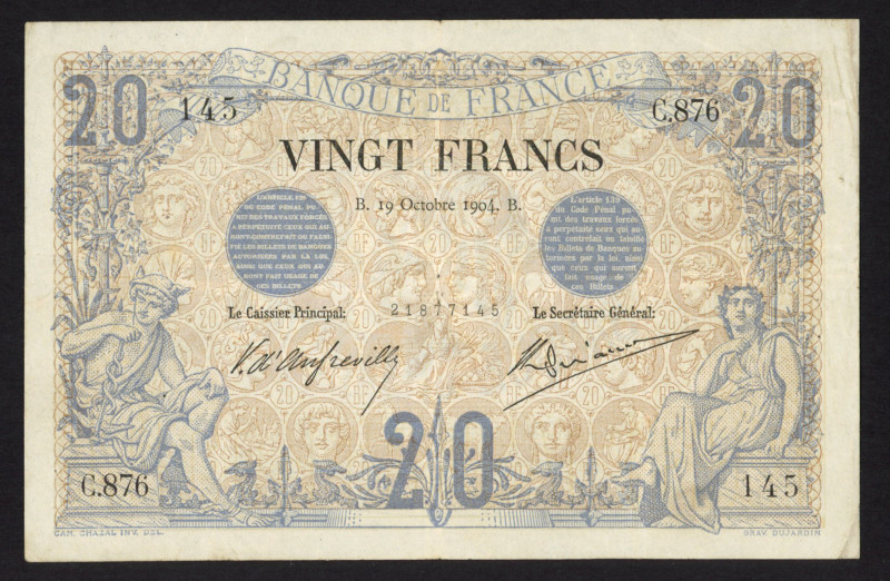 World Banknotes - France - 20 Francs 19.10.1904 Mercury seated at left (P. 61) -...