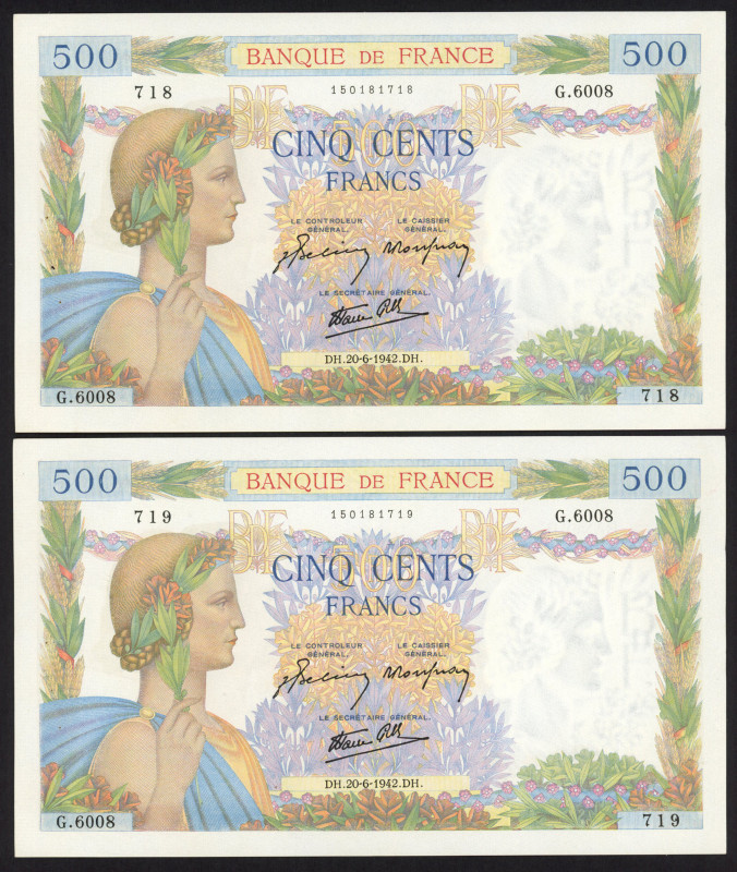 World Banknotes - France - 500 Francs 20.6.1942 Pax with wreath at left (P. 95b)...