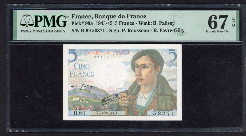 World Banknotes - France - 5 Francs 5.8.1943 Shepherd at right (P. 98a) - PMG Su...