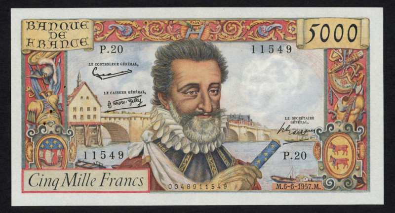 World Banknotes - France - 5000 Francs 6.6.1957 Henry IV + Pont Neuf (P. 135) - ...