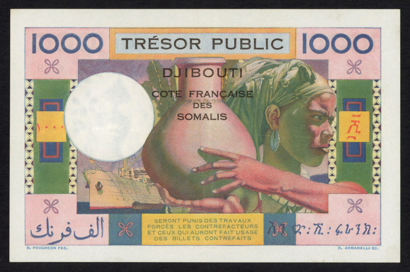 World Banknotes - French Somaliland - 1000 Francs ND (1952) Woman holding Jug (P...