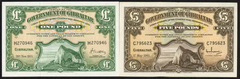 World Banknotes - Gibraltar - 1 Pound 20.11.1971 (P. 18b) UNC + 5 Pounds 1.5.196...