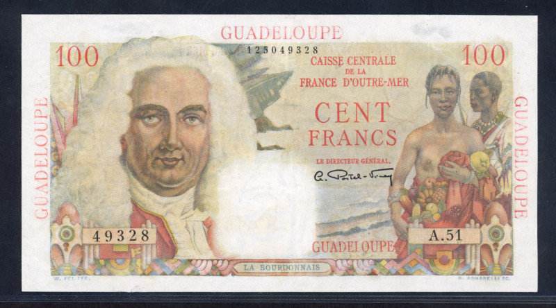 World Banknotes - Guadeloupe - 100 Francs ND (1947-49) La Bourdonnais at left, t...