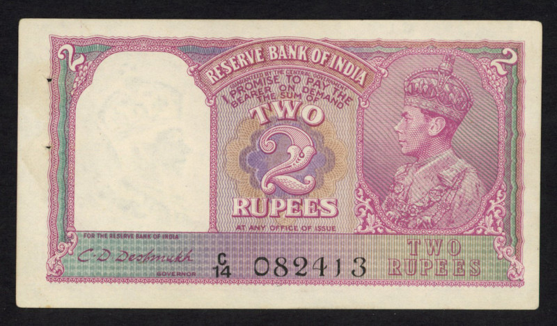 World Banknotes - India - 2 Rupees ND (1943) sign Deshmukh (P. 17b) - staplehole...