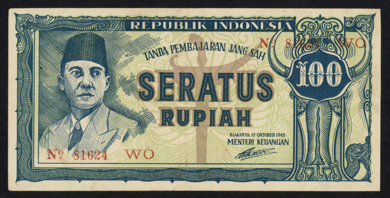 World Banknotes - Indonesia - 5, 10 + 100 Rupiah 17.10.1945 - Sukarno (P. 18, 19...