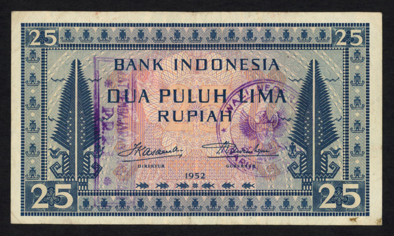 World Banknotes - Indonesia - PRRI - 25 Rupiah 1952 (P. 44b) with ovpt. in blue ...