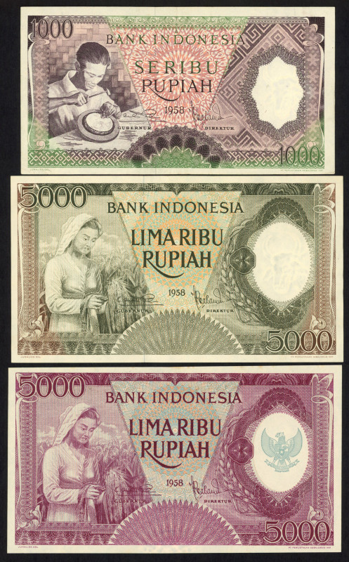 World Banknotes - Indonesia - 5, 10, 25, 50, 100, 1000 (2), 5000 Rupiah 1958 (2)...