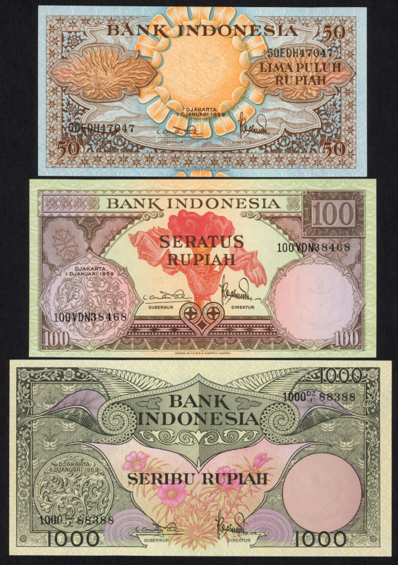 World Banknotes - Indonesia - 5 (2), 10, 25, 50, 100, 1000 Rupiah 1959 (P. 65-69...