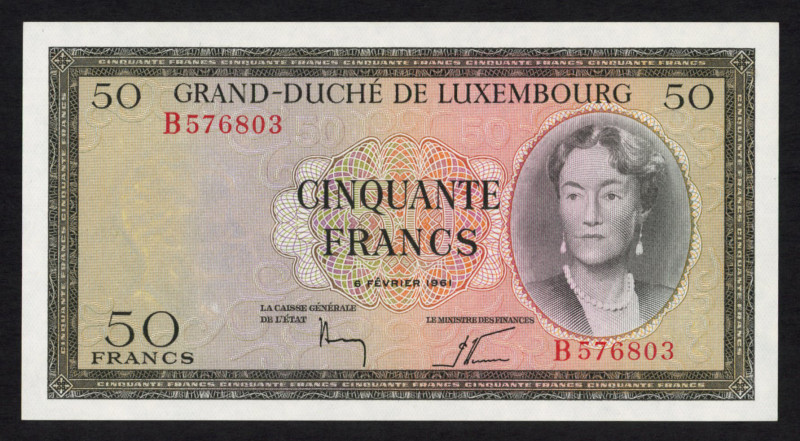 World Banknotes - Luxembourg - 50 Francs 6.2.1961 Grand Duches Charlotte at righ...