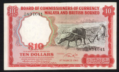 World Banknotes - Malaya and British Borneo - 10 Dollars 1.3.1961 Farmer (P. 9a) - series A - small serial # - VF/XF