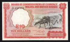 World Banknotes - Malaya and British Borneo - 10 Dollars 1.3.1961 Farmer (P. 9b) - series A - large serial # - pressed - A.UNC