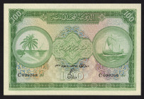 World Banknotes - Maldive Islands - 100 Rufiyaa 1960/AH1379 Palm Tree & Lateen Rigged Dhoani sail boat, sign. 2, prefix C (P. 7b) - UNC.