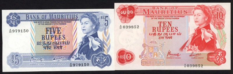 World Banknotes - Mauritius - 5 + 10 Rupees ND (1967) Queen Elizabeth II at righ...