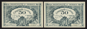 World Banknotes - Monaco - 50 Centimes 20.3.1920 (P. 3a) - series #A - Rare, only 400.000 notes printed - Total 2 consecutive pcs. - UNC.