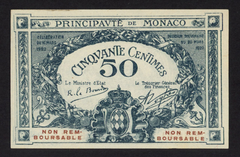 World Banknotes - Monaco - 50 Centimes 20.3.1920 ESSAI (P. 3ap) - Rare, only 400...