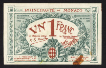 World Banknotes - Monaco - 1 Franc 20.3.1920 ESSAI (P. 5) - #A364287 - Rare, only 447.500 notes printed - stain lower margin - XF.