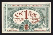 World Banknotes - Monaco - 1 Franc 20.3.1920 ESSAI (P. 5ap) - Rare, only 447.500 notes printed - UNC.