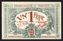 World Banknotes - Monaco - 1 Franc 20.3.1920 ESSAI (P. 5ap) - Rare, only 447.500 notes printed - Total 5 pcs. - UNC.