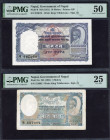 World Banknotes - Nepal - 5 + 10 Mohru ND (1951) wmk. King Tribhuvana (P. 2a-6) - PMG 25 VF & PMG 50 AU - Total 2 pcs.