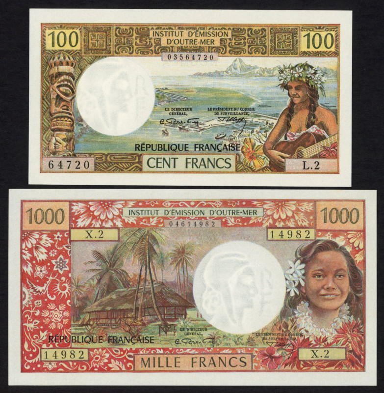 World Banknotes - New Caledonia - 100 + 1000 Francs ND (1973) ovpt. République F...