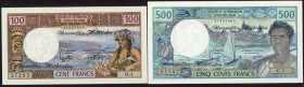 World Banknotes - New Hebrides - 100 Francs ND (1972) Girl playing guitar (P. 18c) + 500 Francs ND (1979) Fisherman (P. 19b) - Total 2 pcs. - UNC.