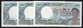 World Banknotes - New Hebrides - 500 Francs ND (1979) Fisherman (P. 19c) - sign. 3A - consecutive nrs. - Total 3 pcs. in UNC