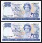 World Banknotes - New Zealand - 10 Dollars ND 1985 (P. 172b) - consecutive and low serial nrs. - Total 2 pcs. in UNC