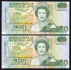 World Banknotes - New Zealand - 20 Dollars ND (1992) Queen Elizabeth II (P. 179) - consecutive low serial numbers - Total 2 pcs. in UNC