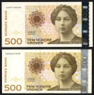 World Banknotes - Norway - 500 Kroner 2005 + 2012 Sigrid Undste (P. 51d, 51f) - Total 2 pcs. in XF+ and UNC