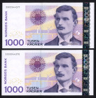 World Banknotes - Norway - 1000 Kroner 2001 Edvard Munch (P. 52a) - consecutive nrs. - Total 2 pcs. in UNC