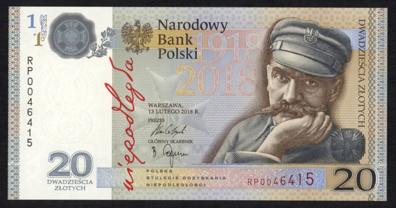 World Banknotes - Poland - 20 Zlotych 2018 Pilsudski - commemorative 100th anniv...