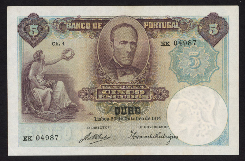 World Banknotes - Portugal - 5 Escudos 30.10.1914 Portrait A.Herculano/Fortress ...