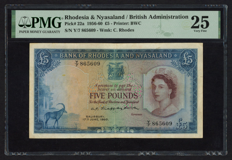 World Banknotes - Rhodesia and Nyasaland - 5 Pounds 17.6.1960 British Administra...