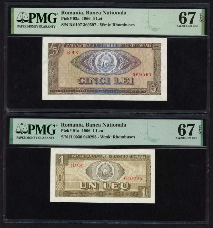 World Banknotes - Romania - 1 + 5 Leu 1966 and 10, 25, 50 + 100 Lei 1966 (P. 91a...