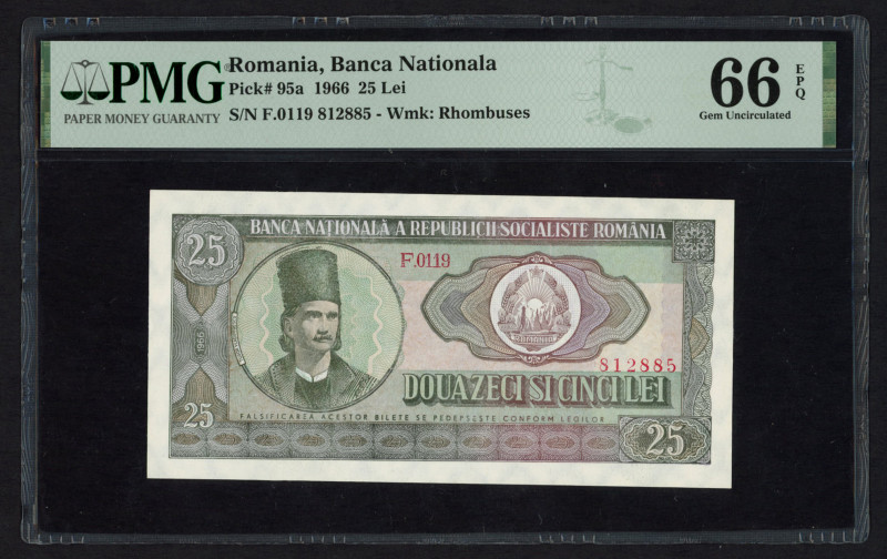 World Banknotes - Romania - 25 Lei 1966 (P. 95a) - PMG Gem UNC 66 EPQ