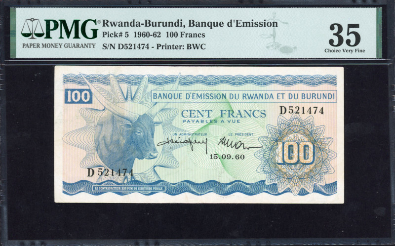 World Banknotes - Rwanda-Burundi - 100 Francs 15.9.60 Zebu at left (P. 5) - PMG ...