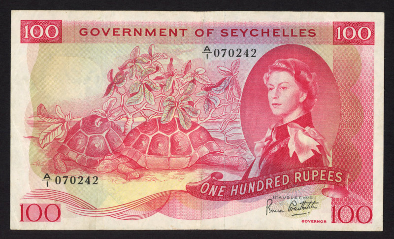 World Banknotes - Seychelles - 100 Rupees 1.8.1973 two giant tortoises, Queen El...