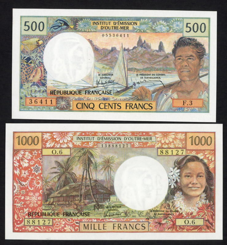 World Banknotes - Tahiti - 500 + 1000 Francs ND (1985) Papeete (P. 25d, 27d) - a...