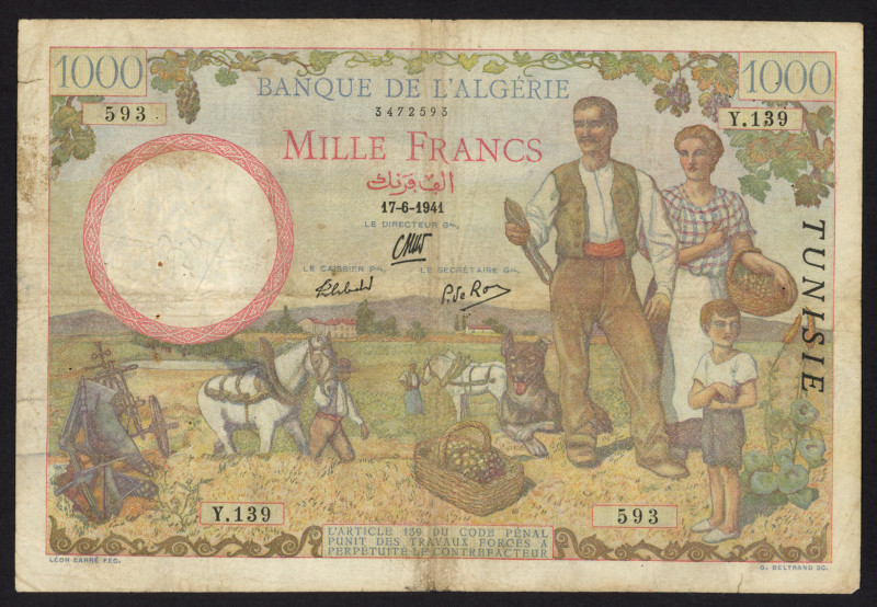 World Banknotes - Tunisia - 1000 Francs 1941-1942 Banque De L'Algérie, TUNISIE o...