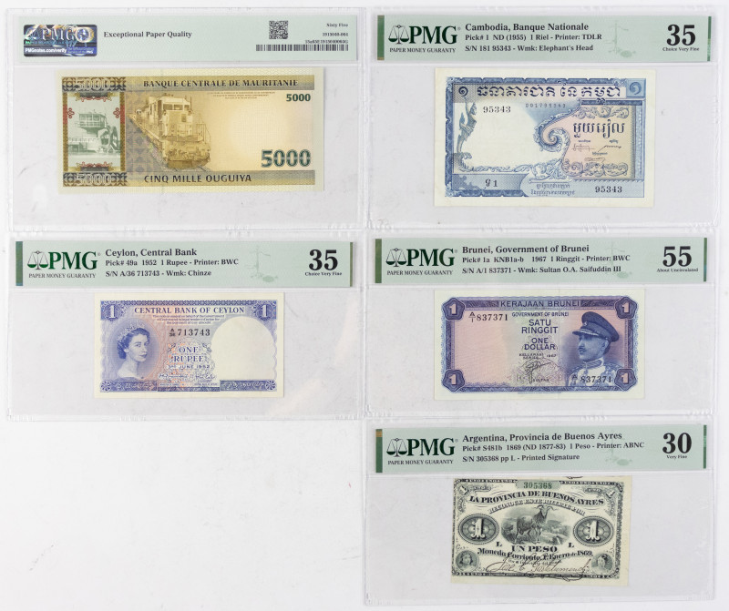 World Banknotes - World - lot of 5 PMG graded notes: Argentina 1 Peso 1869 (P. S...