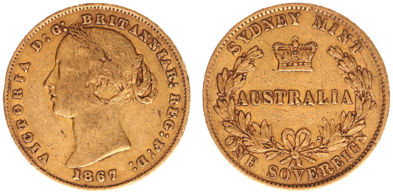 Australia - Victoria (1837-1901) - Sovereign 1867 (KM4, Fr.10) - Obv: Laureate h...