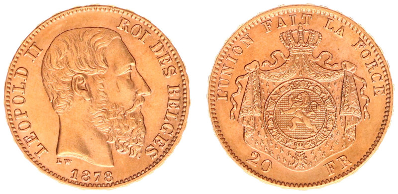 Belgium - Leopold II (1865-1909) - 20 Francs 1878 (KM372, Aern.162, Fr.412) - Ob...