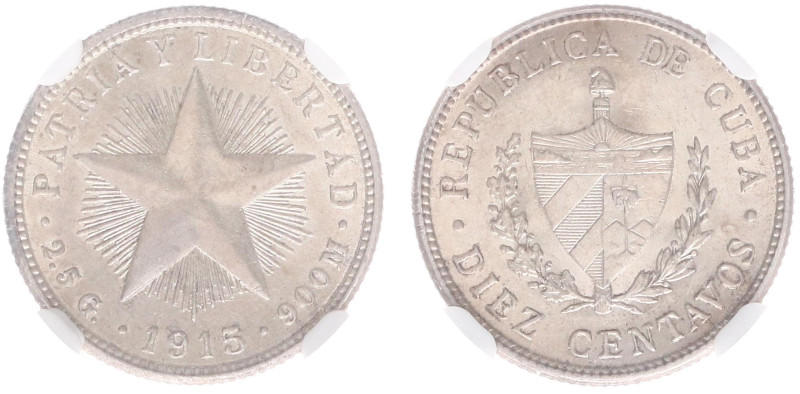 Cuba - Republic - 10 Centavos 1915 (KM A12) - Obv: National arms / Rev: Star - N...