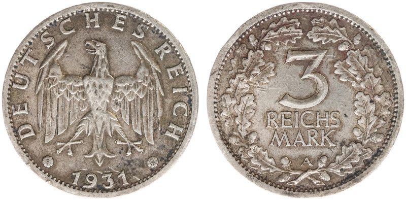 Deutschland - Weimar - 3 Mark 1931-A - Kursmünze (KM74, J.349, AKS31) - Obv: Imp...