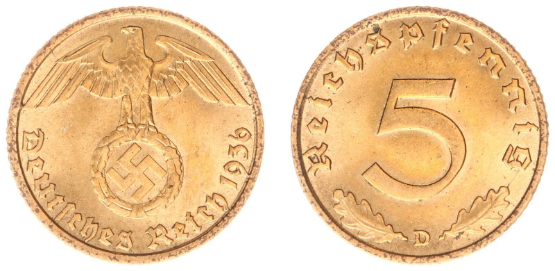 Deutschland - 3. Reich - 5 Pfennig 1936-D (KM91, AKS50, J.363) - Obv: Eagle over...