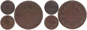 Finland - Alexander II (1855-1881) - Penni 1866 & 1875 (KM1.1/1.2, Sieg1-2) - Obv: Crowned monogram / Rev: Value and date - VF/XF & XF, added 10 Penni...