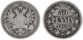 Finland - Alexander II (1855-1881) - 50 Penniä 1868 (KM2.1, Sieg37) - Obv: Crowned double-headed imperial eagle / Rev: Value within wreath - Fine, sca...