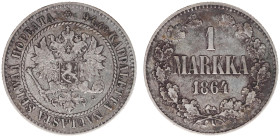 Finland - Alexander II (1855-1881) - Markka 1864 (KM3.1, Sieg44) - Obv: Crowned double-headed imperial eagle / Rev: Value within wreath - mintage 75.0...